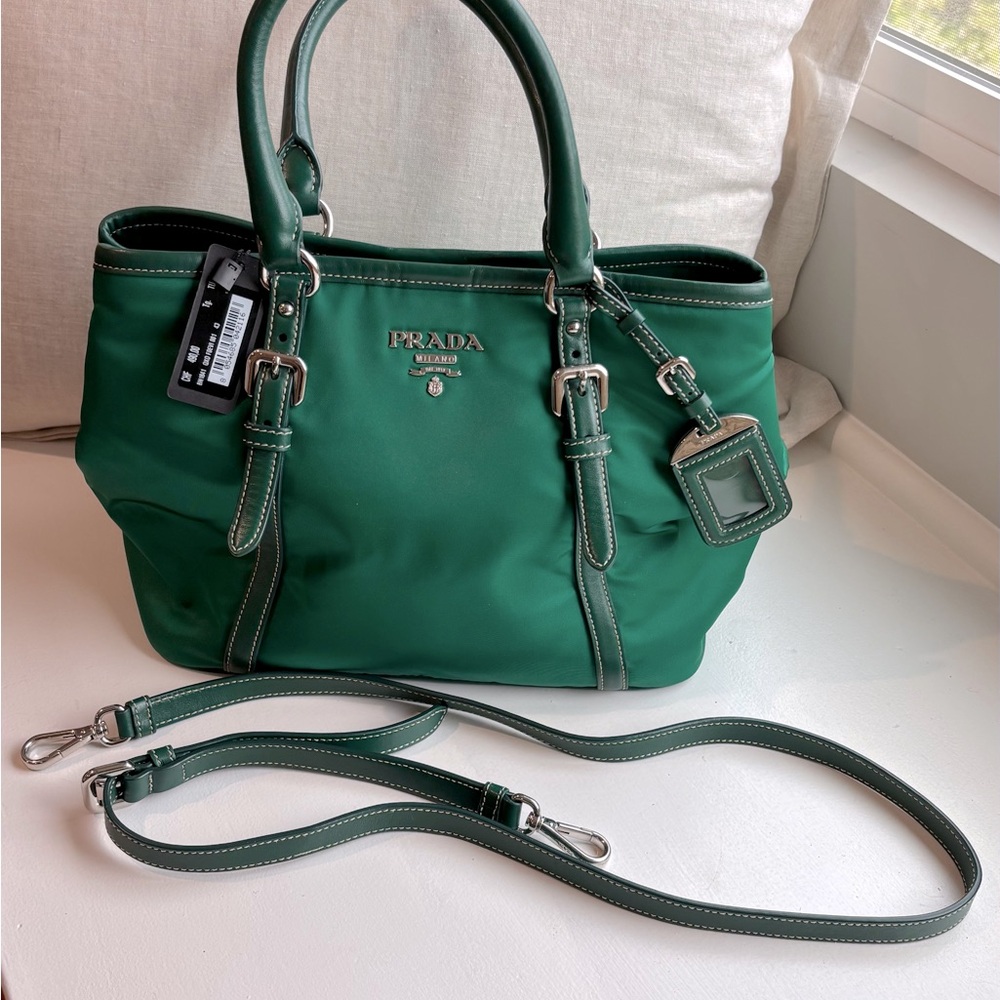 NWT, Prada emerald green nylon/leather and silver trim Tessuto handbag w strap